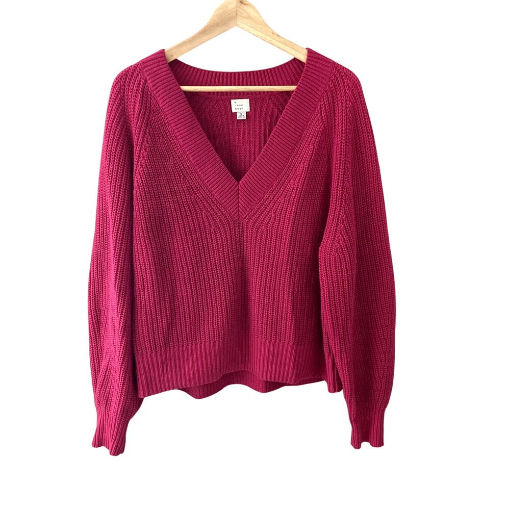a new day Chunky Knit V Neck Relaxed Fit Fuchsia Magenta Sweater Medium